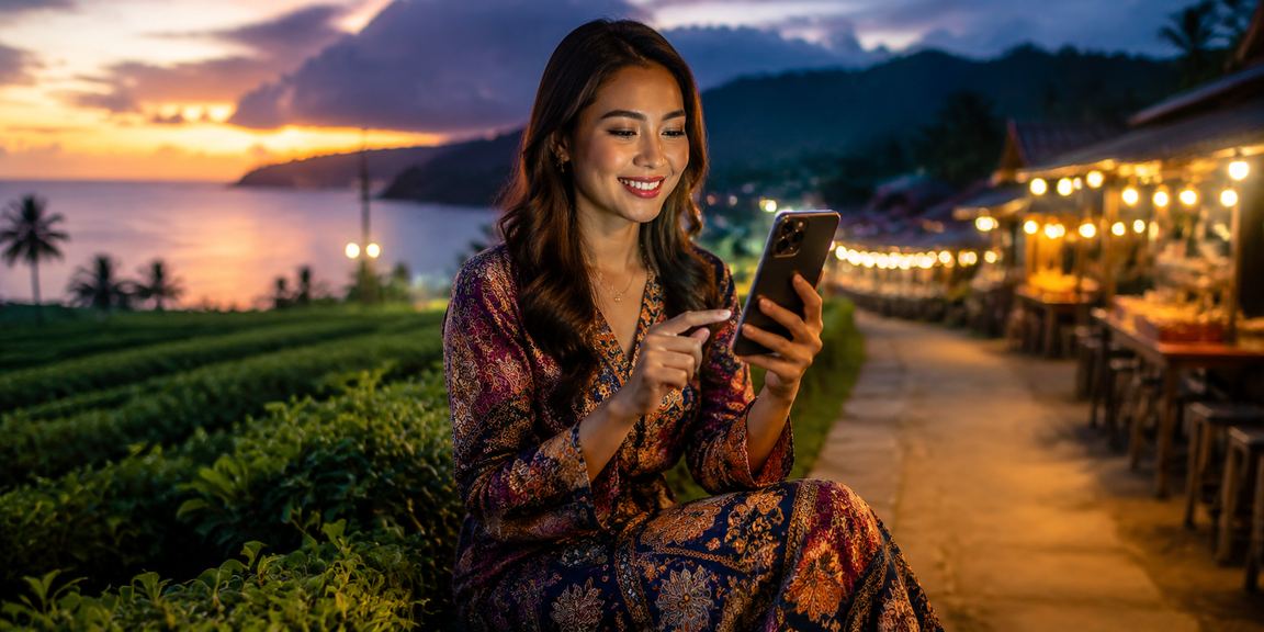 Pemain kasino berpakaian batik Malaysia bermain Baccarat dalam talian dengan telefon pintar dengan gaya